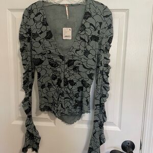 Free People Black Floral Ruched Sleeve Blouse